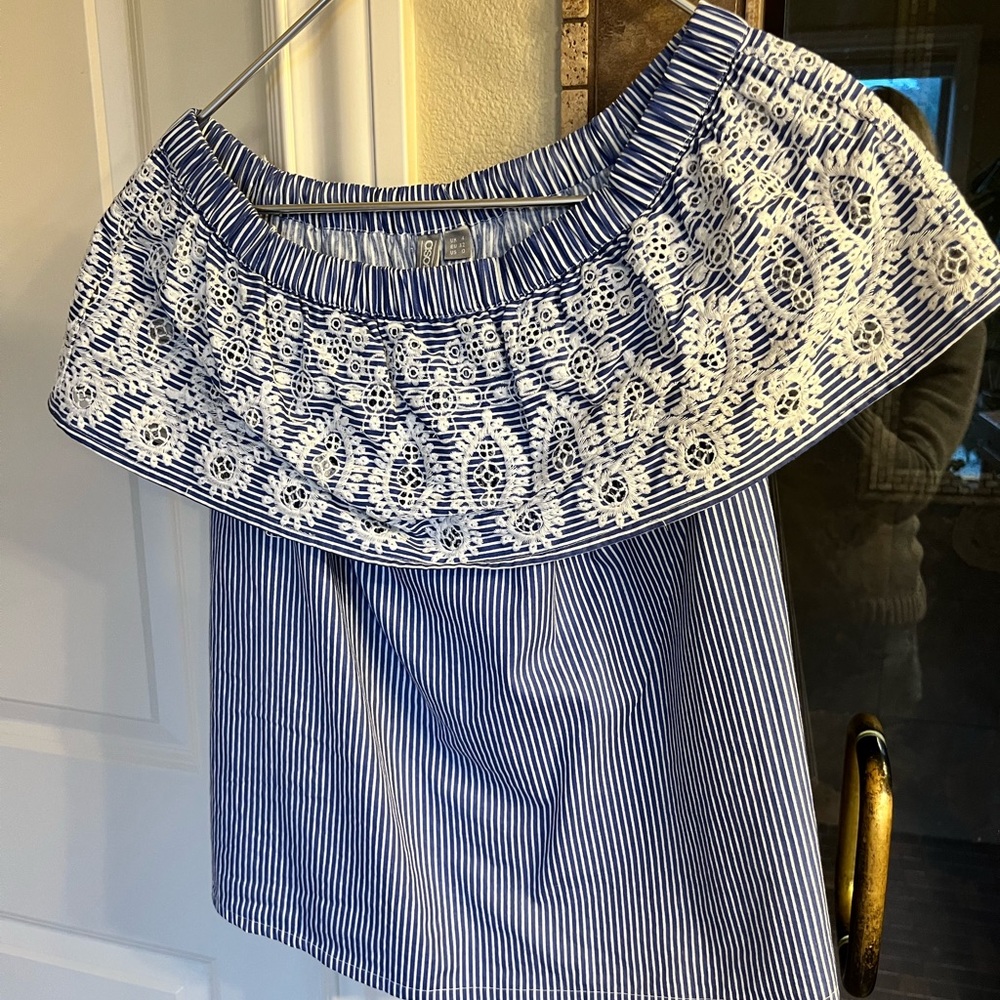 ASOS Navy and White Lace Off-Shoulder Blouse